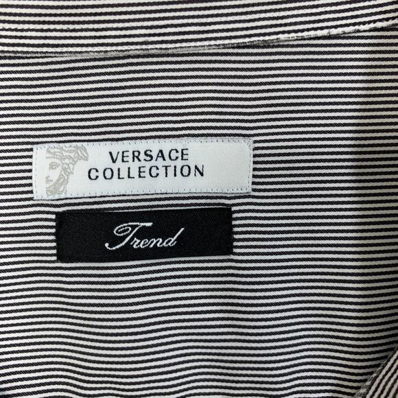 Versace Shirt Mens 17.5 Trend Collection Black White Striped Button Up Dress - Picture 5 of 12